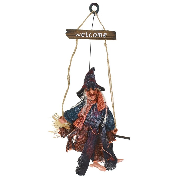 Befana insegna welcome d'appendere con luci e suoni 44 cm