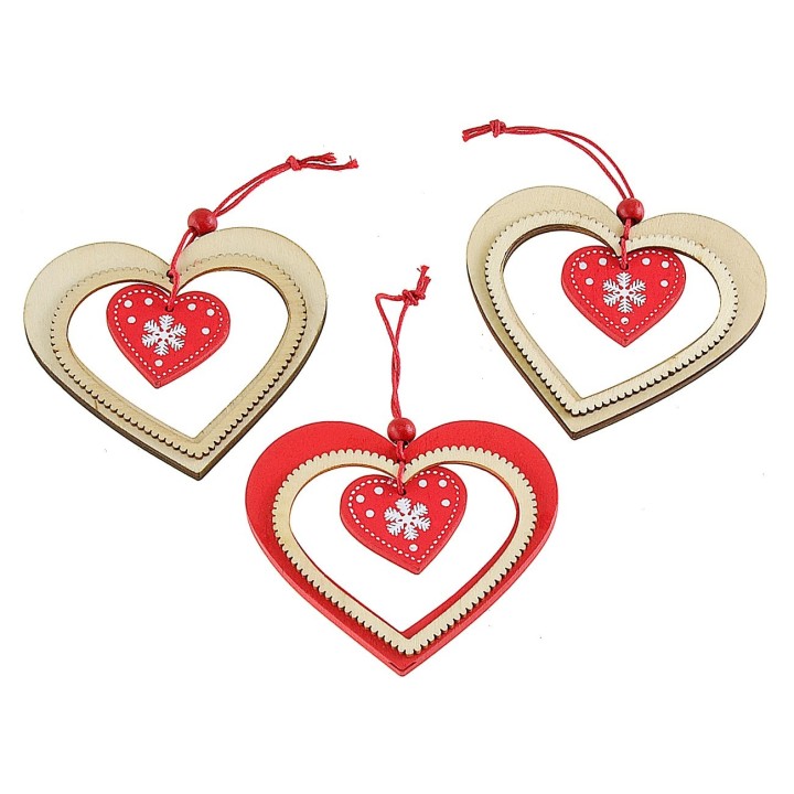 Set of 3 wooden heart decorations to hang 8x7.5 cm h