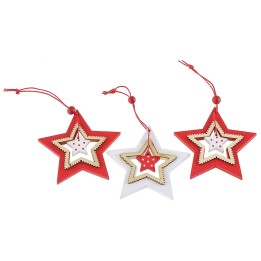 Set 3 addobbi di Natale a stella in legno cm 7,8x7,8 h