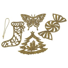 Juego de 4 adornos navideños en oro con purpurina