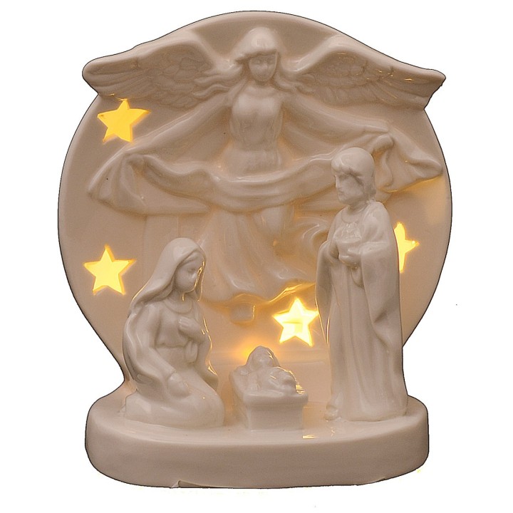 Natività con angelo in porcellana illuminata cm 12,5x10x16 h
