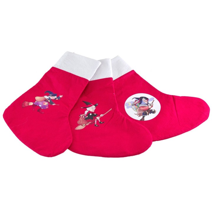 Calcetín blanco y rojo con Befana, modelos surtidos, de 26x37,5
