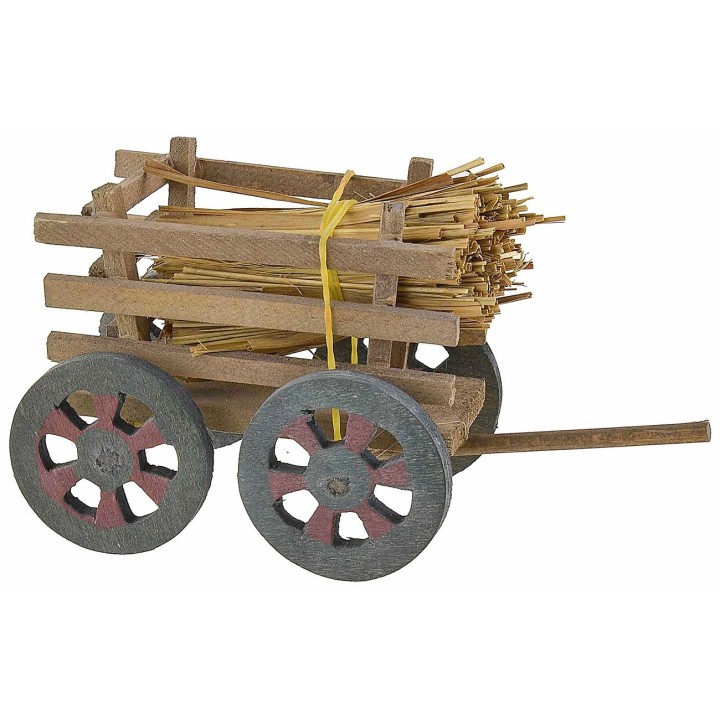 Carretto in legno con fascine di paglia cm 6x8,5x7 h