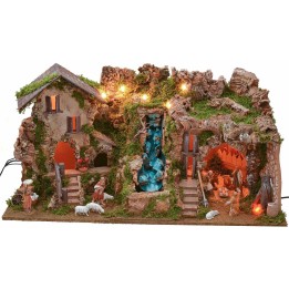 Presepe illuminato con grotta, cascata e fuoco completo di