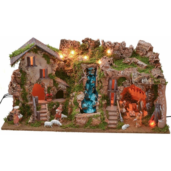 Pesebre iluminado con gruta, cascada y fuego completo de