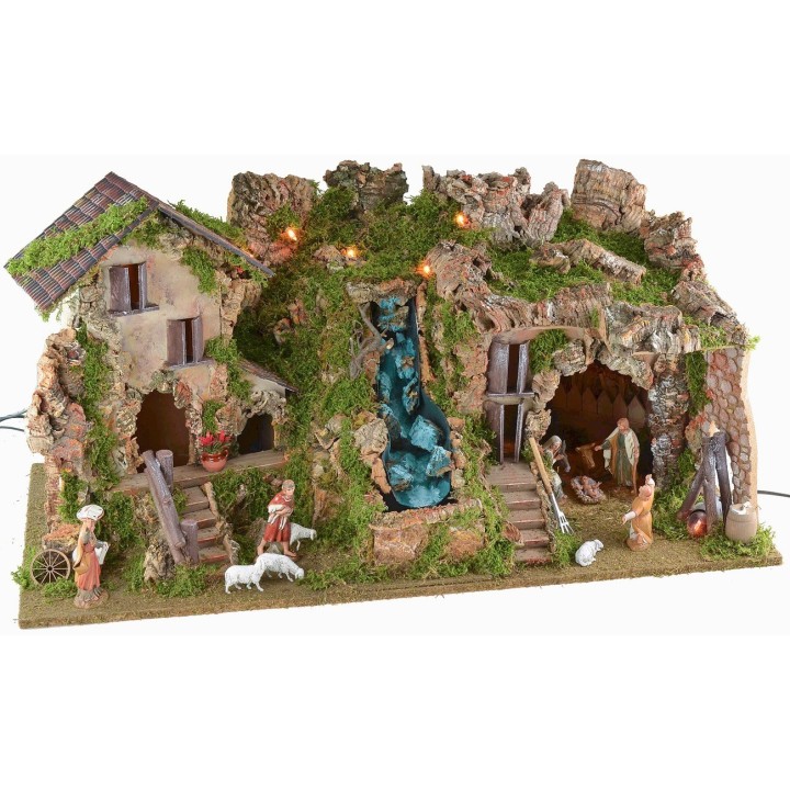 Presepe illuminato con grotta, cascata e fuoco completo di