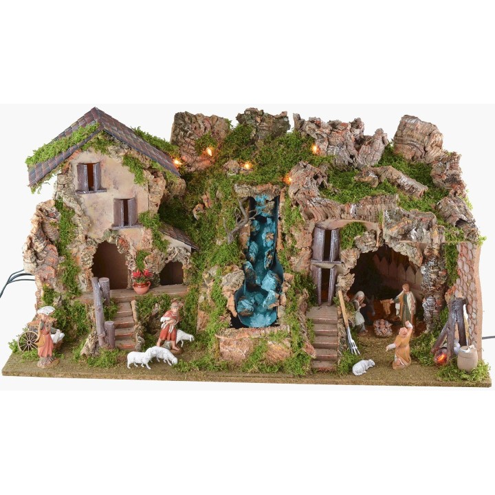 Pesebre iluminado con gruta, cascada y fuego completo de