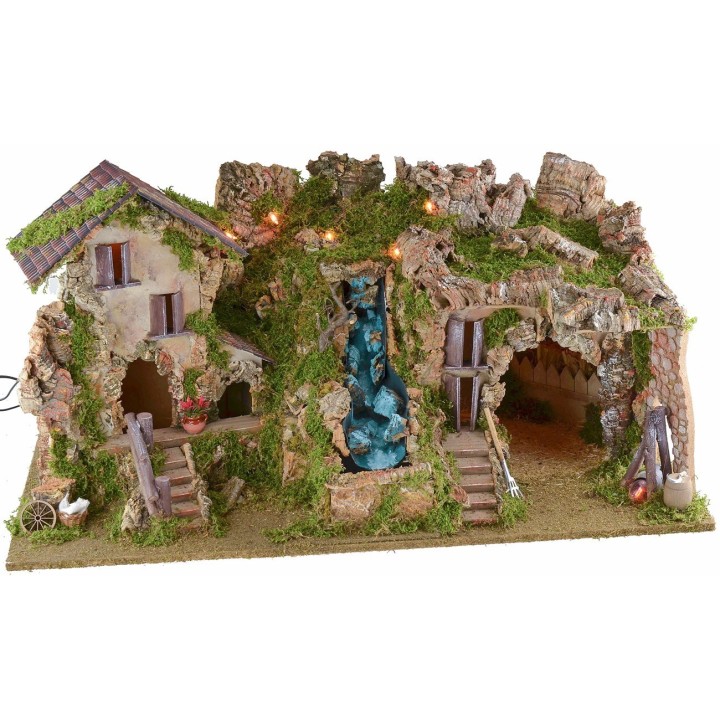 Presepe illuminato con grotta, cascata e fuoco cm 77x37x38 h