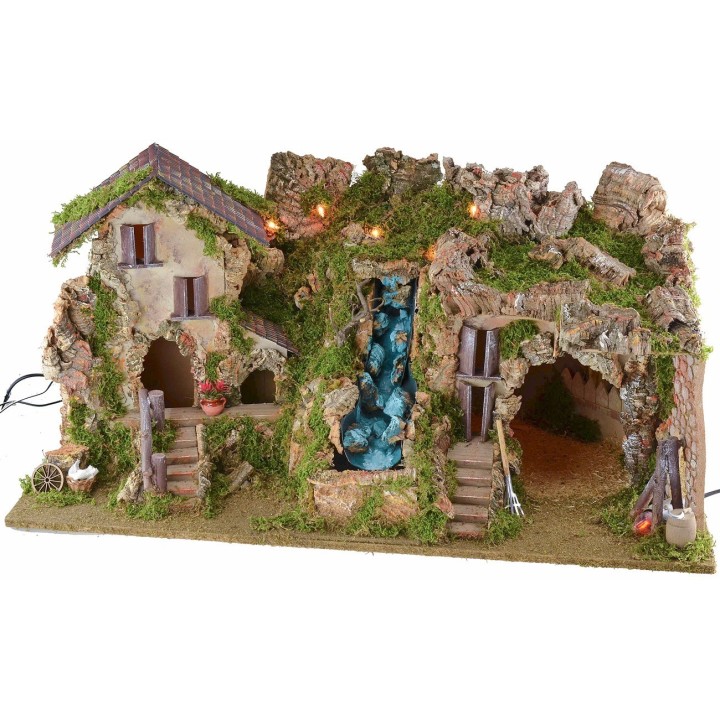 Pesebre iluminado con gruta, cascada y fuego cm 77x37x38 h