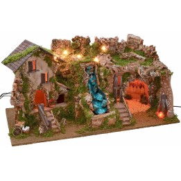 Pesebre iluminado con gruta, cascada y fuego cm 77x37x38 h