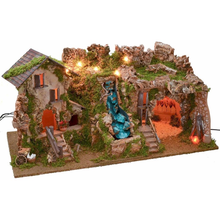 Pesebre iluminado con gruta, cascada y fuego cm 77x37x38 h