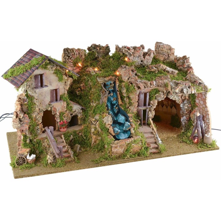 Pesebre iluminado con gruta, cascada y fuego cm 77x37x38 h