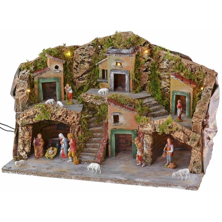 Illuminated nativity scene complete with Landi Moranduzzo figurines cm