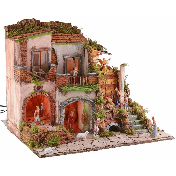 Illuminated nativity scene with working fountain 18th-century style complete