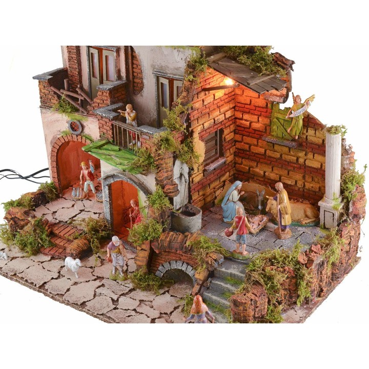 Illuminated nativity scene with working fountain 18th-century style complete