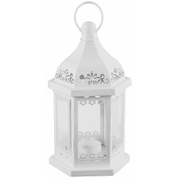 Linterna blanca hexagonal de metal con portavelas de 11,3x13x27