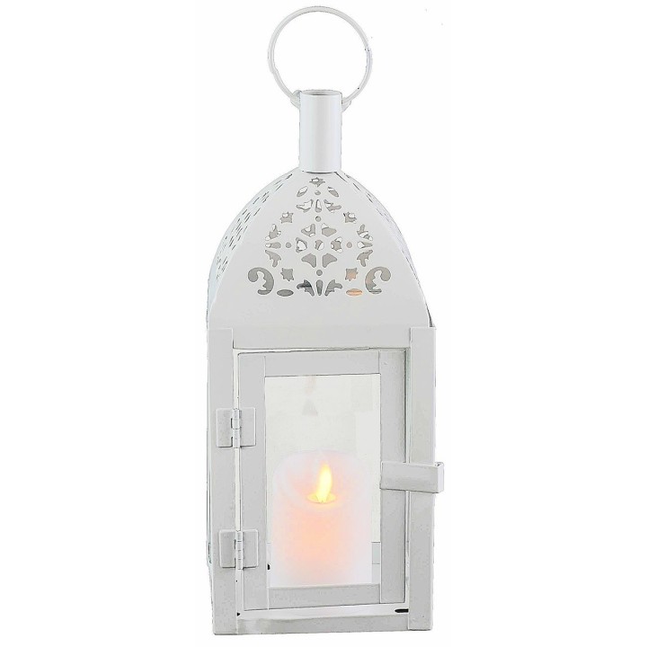 Linterna blanca de metal con cúpula trabajada de 10x10x30 cm h