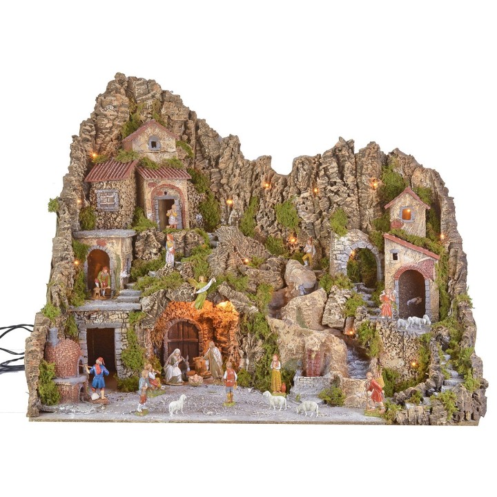 Presepe illuminato con grotta, fontana, cascata e fuoco