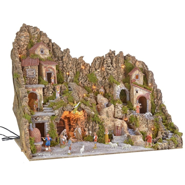Pesebre iluminado con cueva, fuente, cascada y fuego