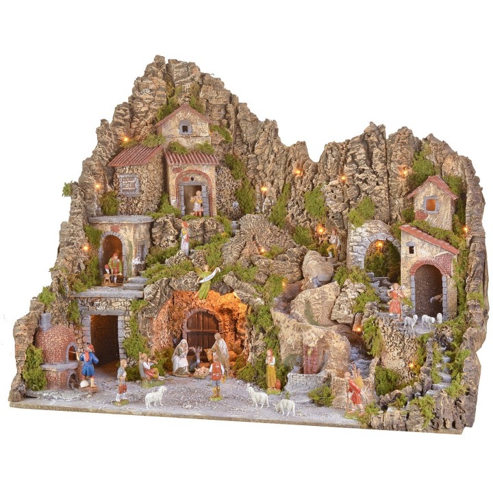 Presepe illuminato con grotta, fontana, cascata e fuoco