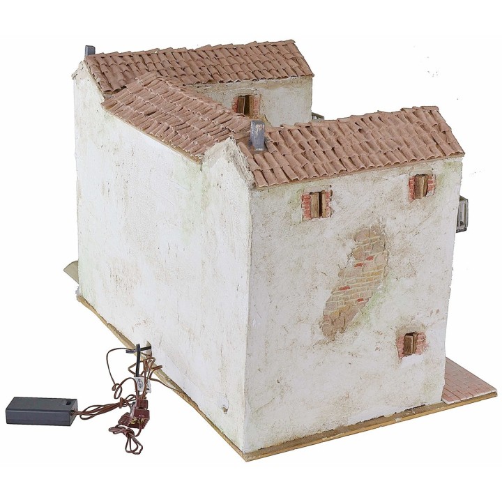 Stuccoed farmhouse with working illuminated fire 50x40x35 cm h