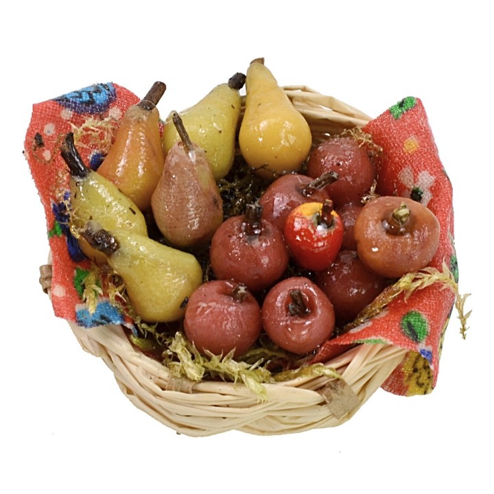 Cesta de mimbre con frutas surtidas de cera ø 4,5x2,2 h cm