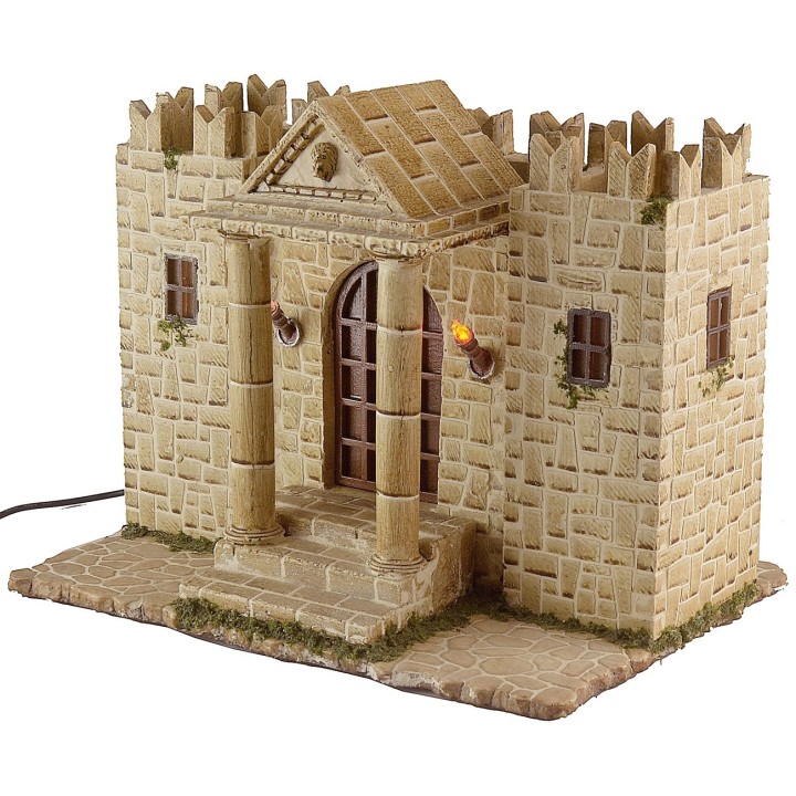 Resin castle with illuminated towers, dimensions 31x25x24.5 cm