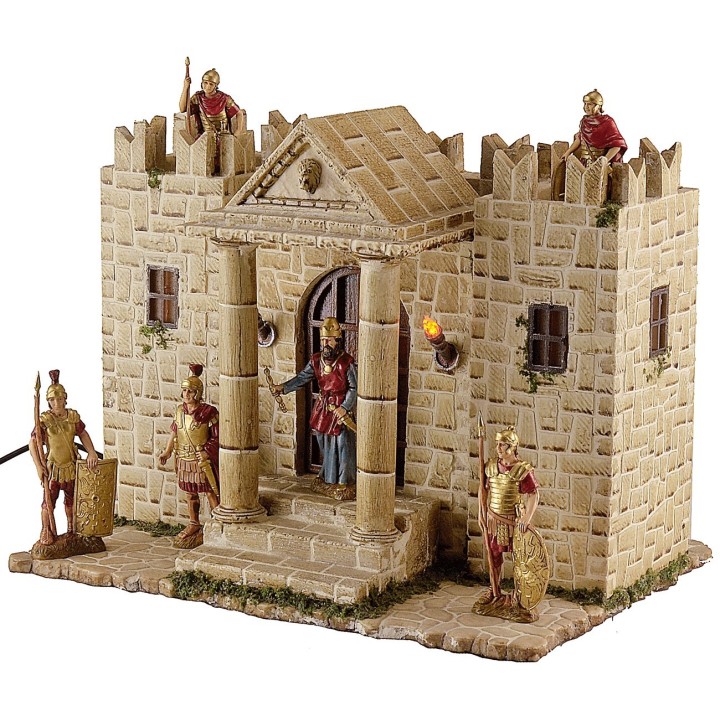 Resin castle with illuminated towers, dimensions 31x25x24.5 cm