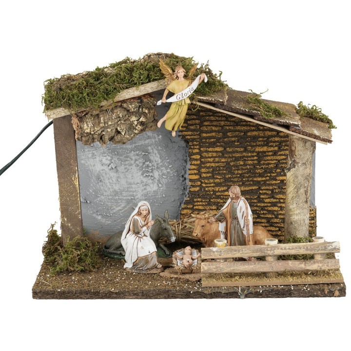 Capanna illuminata con Natività serie Landi Moranduzzo 10 cm