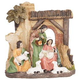 Nativity group in resin with sheep, dimensions 14x5.5x14.5 cm