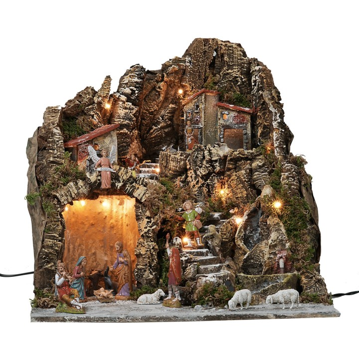 Illuminated nativity scene with working waterfall and fountain complete