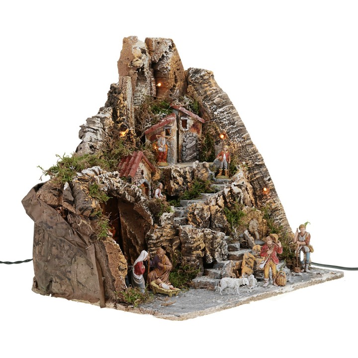 Presepe illuminato con fontana funzionante completo di statue
