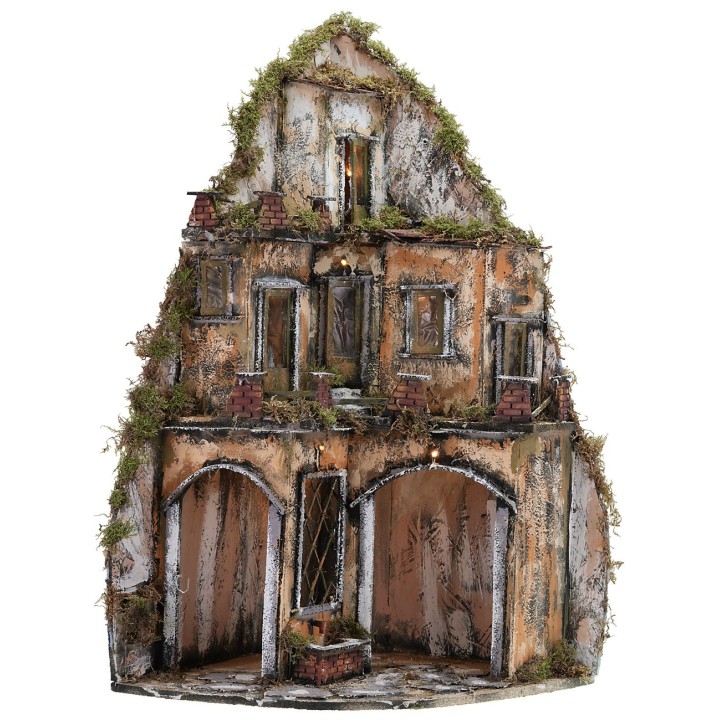 Presepe napoletano illuminato ad angolo con fontana cm 43x43x82