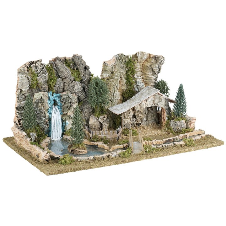 Nativity scene with hut, lake, and river depth effect cm