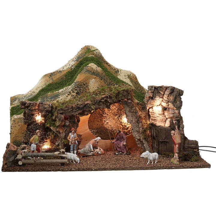 Capanna illuminata con montagne completa di statue cm 57x34x33 h