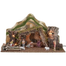 Capanna illuminata con montagne completa di statue cm 57x34x33 h