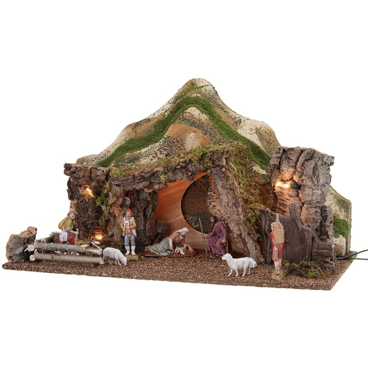 Capanna illuminata con montagne completa di statue cm 57x34x33 h