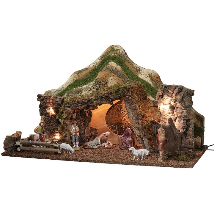 Capanna illuminata con montagne completa di statue cm 57x34x33 h