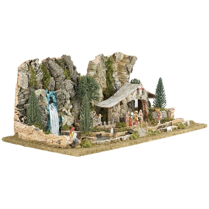 Nativity scene with hut, lake, and river with depth effect