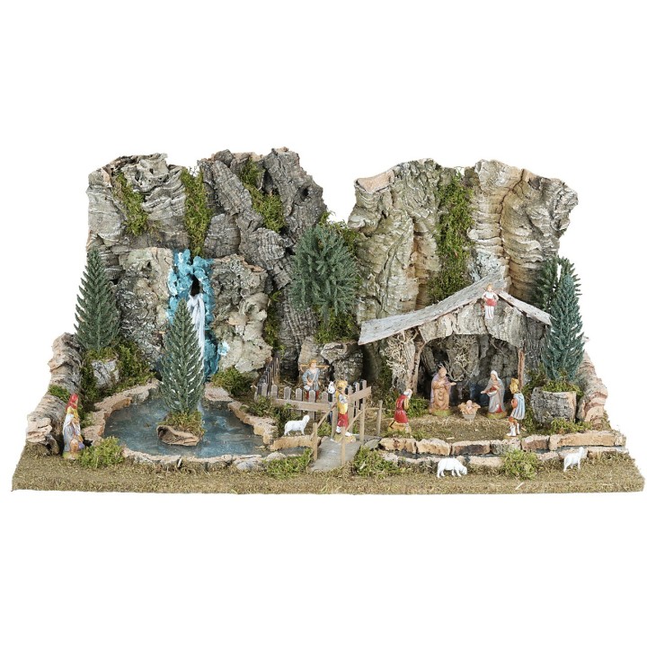 Nativity scene with hut, lake, and river with depth effect