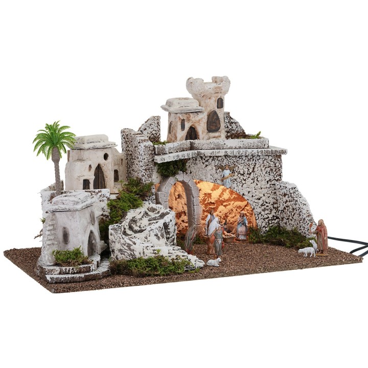 Presepe illuminato in stile palestinese con statue Landi