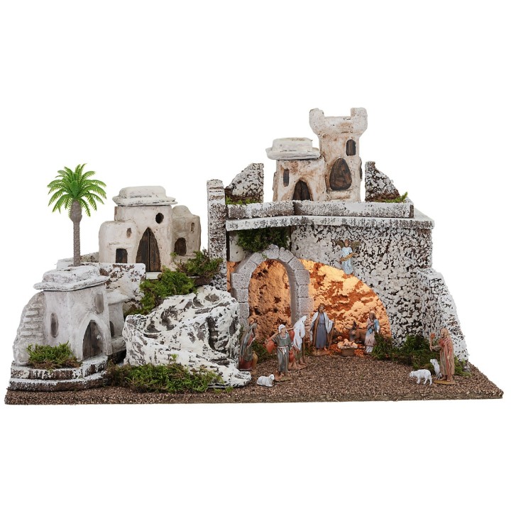 Palestinian-style illuminated nativity scene with Landi statues