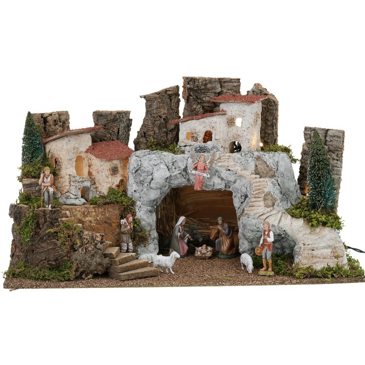 Nacimiento con gruta de piedra blanca completo con estatuas Landi