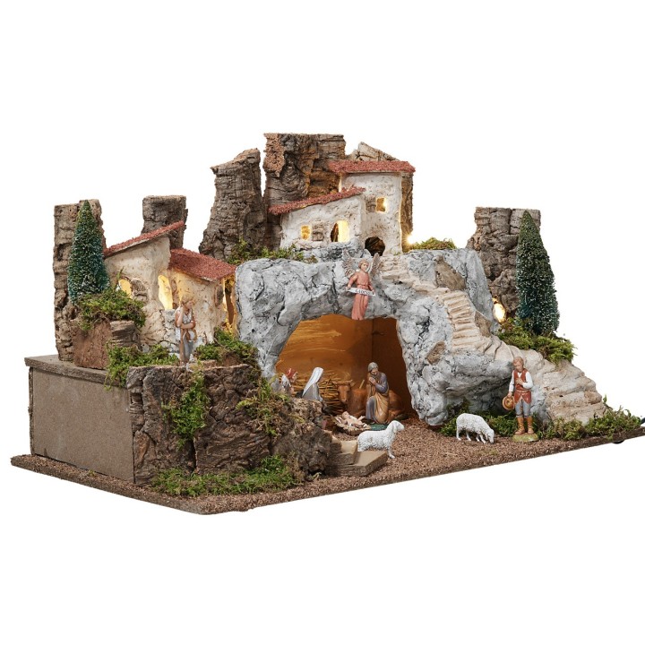 Nacimiento con gruta de piedra blanca completo con estatuas Landi