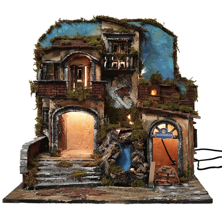 Presepe illuminato con cascata funzionante e fuoco effetto