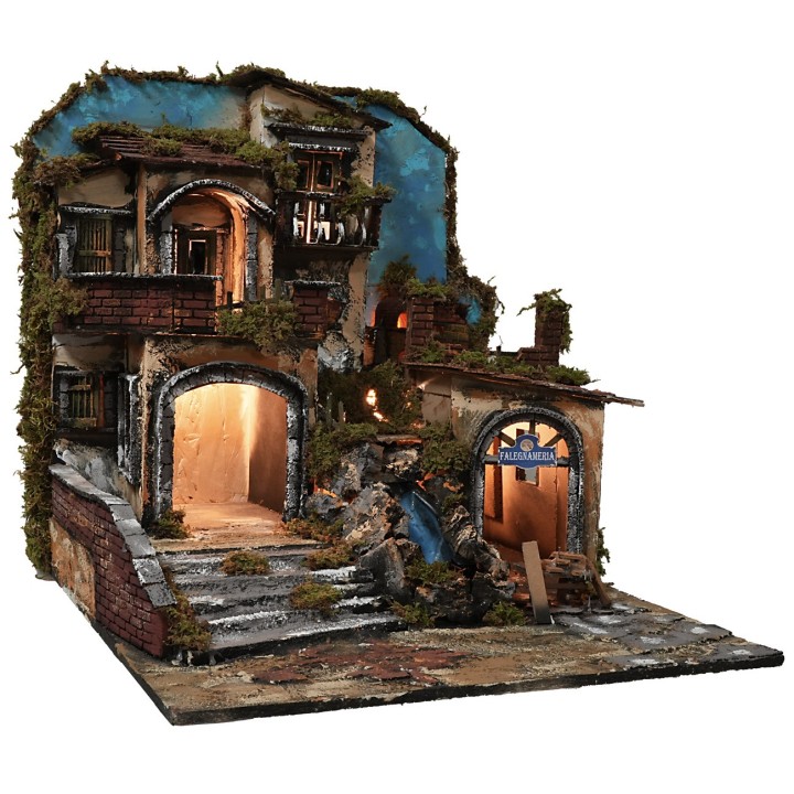 Presepe illuminato con cascata funzionante e fuoco effetto