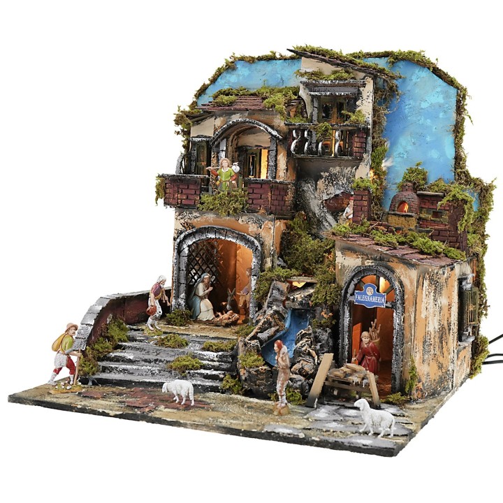 Presepe illuminato con cascata funzionante e fuoco effetto