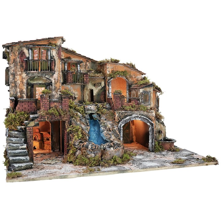 Presepe illuminato con cascata, fontana e forno funzionanti cm