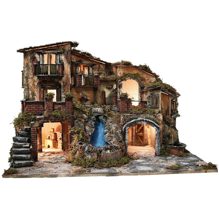 Presepe illuminato con cascata, fontana e forno funzionanti cm