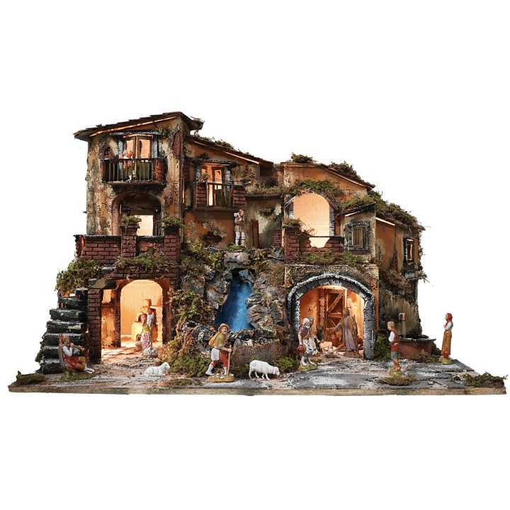 Presepe illuminato completo di statue con cascata, fontana e